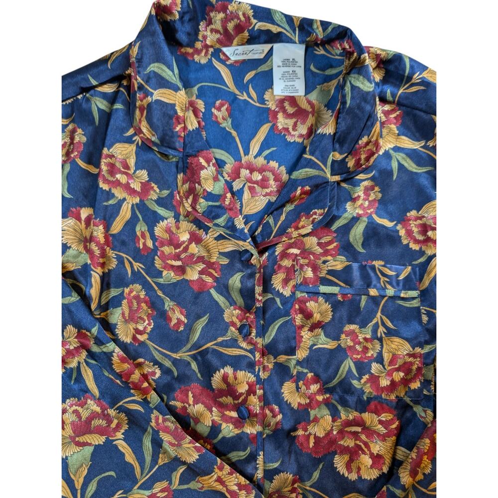 Secret Treasures 2 Piece Pajama PJ Set Size XL Blue Floral Satin Feeling Lightwe